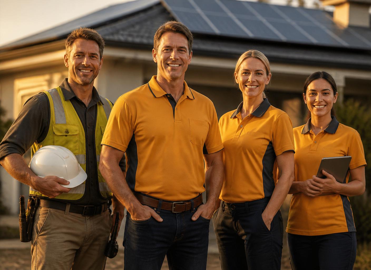 The iDeal Solar crew — Andrew and the team in front of a solar-paneled Brisbane home