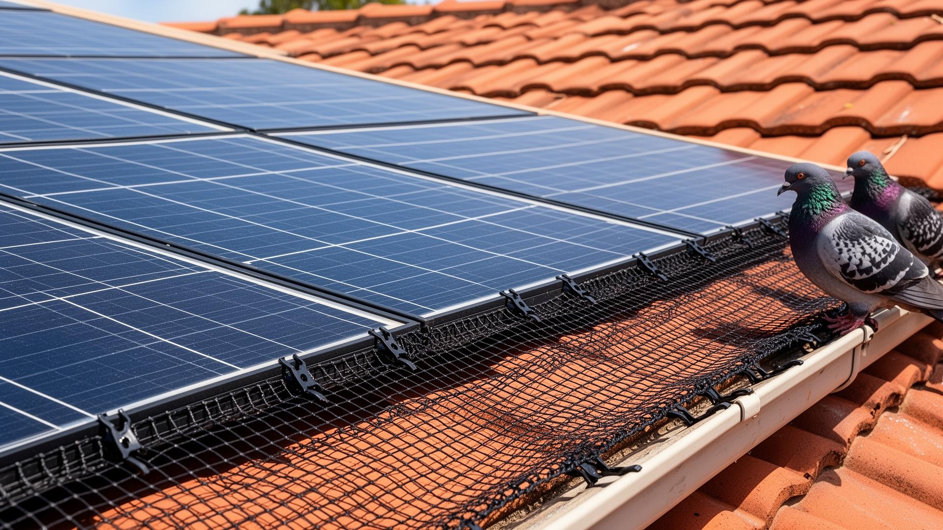 Black marine-grade mesh bird-proofing fitted around the perimeter of solar panels on a Brisbane terracotta tile roof