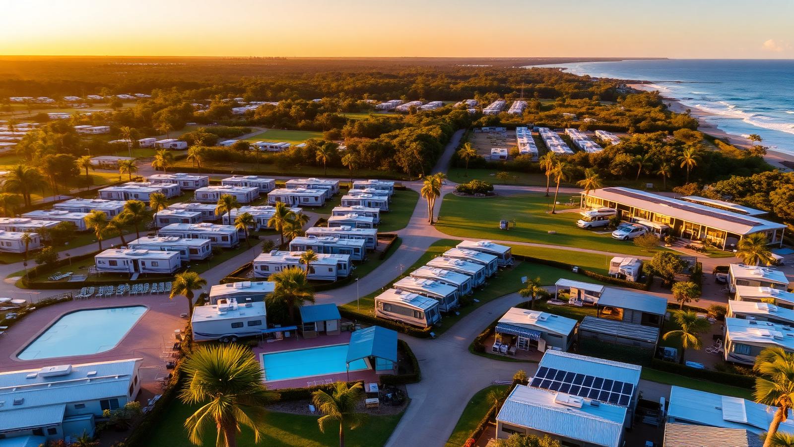 Aerial view of a Queensland caravan park and holiday resort at golden hour with solar panels on cabin and amenities roofs, pool and palm trees