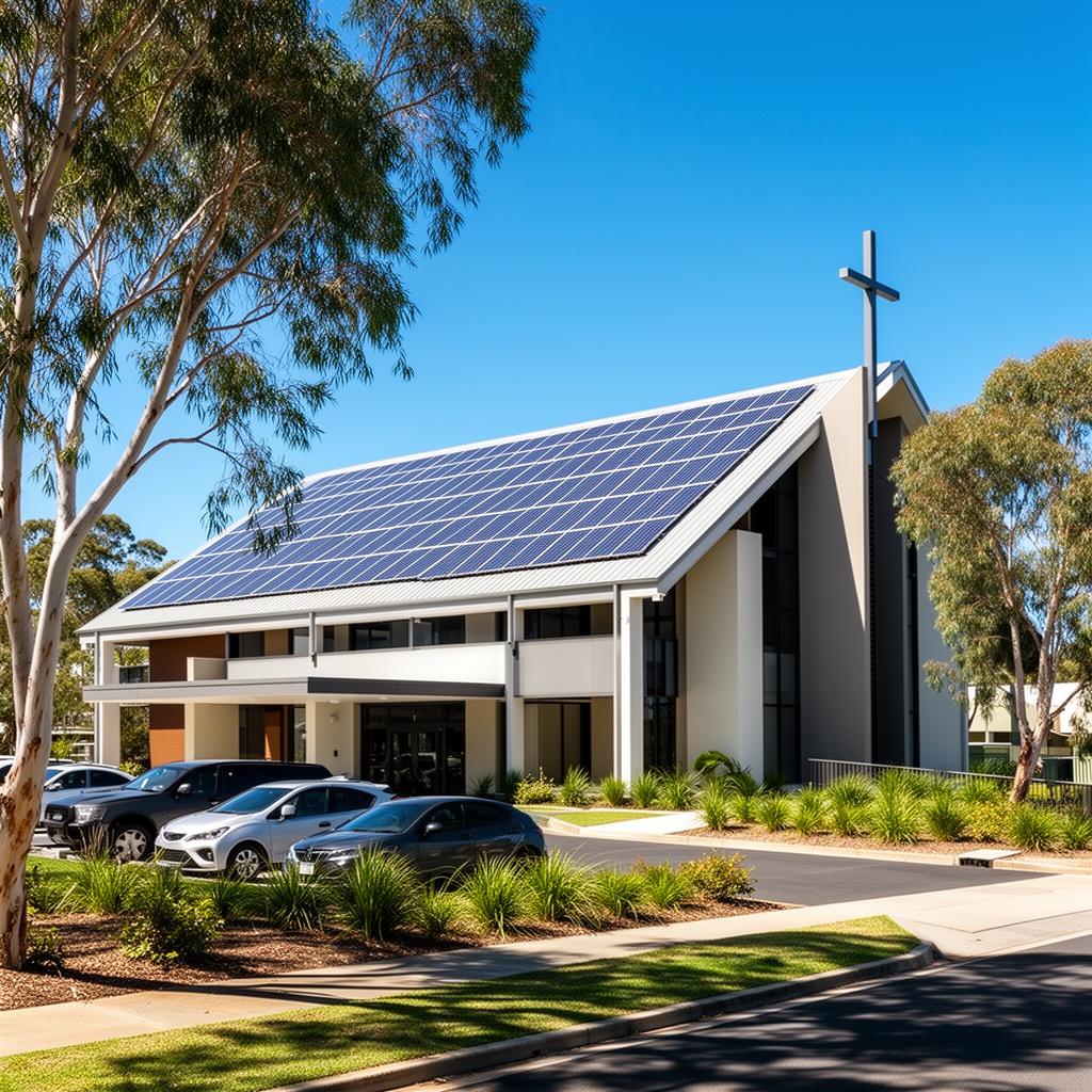 Brisbane church building with rooftop solar panels and landscaped grounds