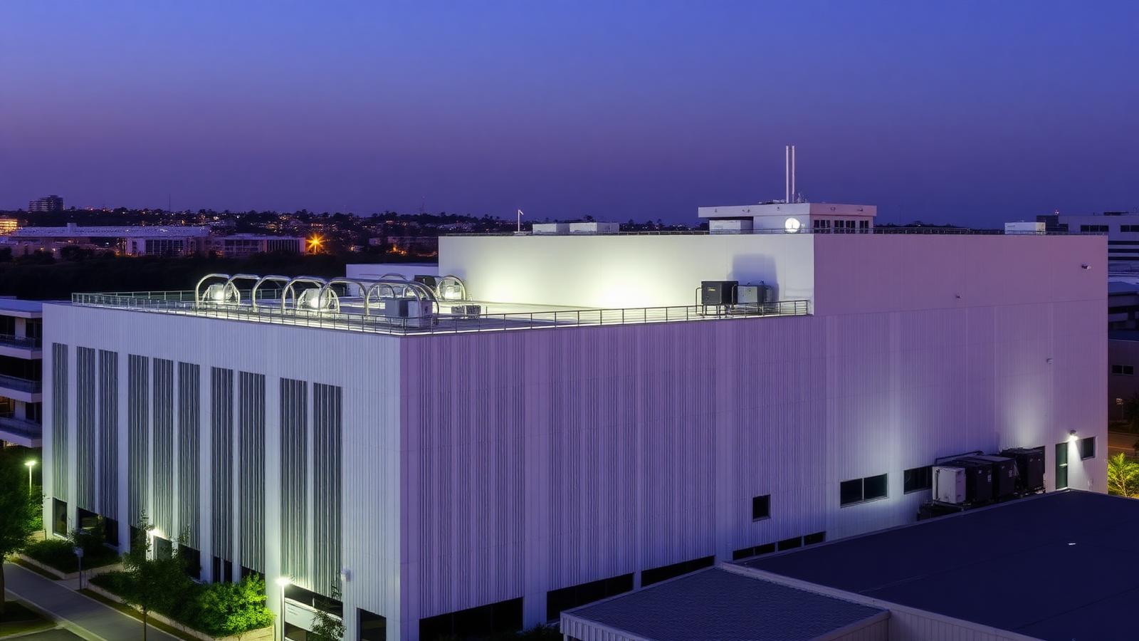 Brisbane edge data centre and tech office building at twilight with rooftop solar panels and external CRAC chiller units