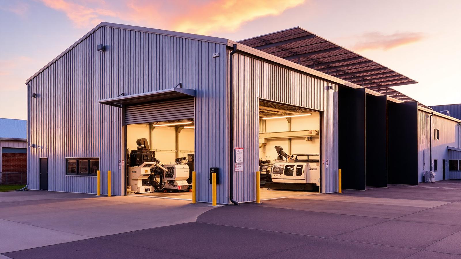 Brisbane engineering workshop with CNC machines, overhead crane and rooftop solar array