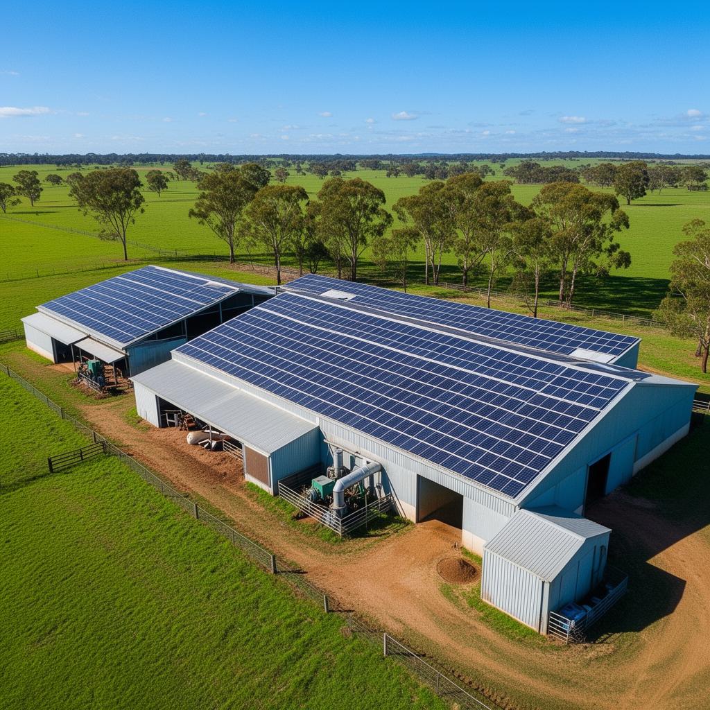 Queensland farm with large rooftop solar across dairy and packing sheds, green pastures