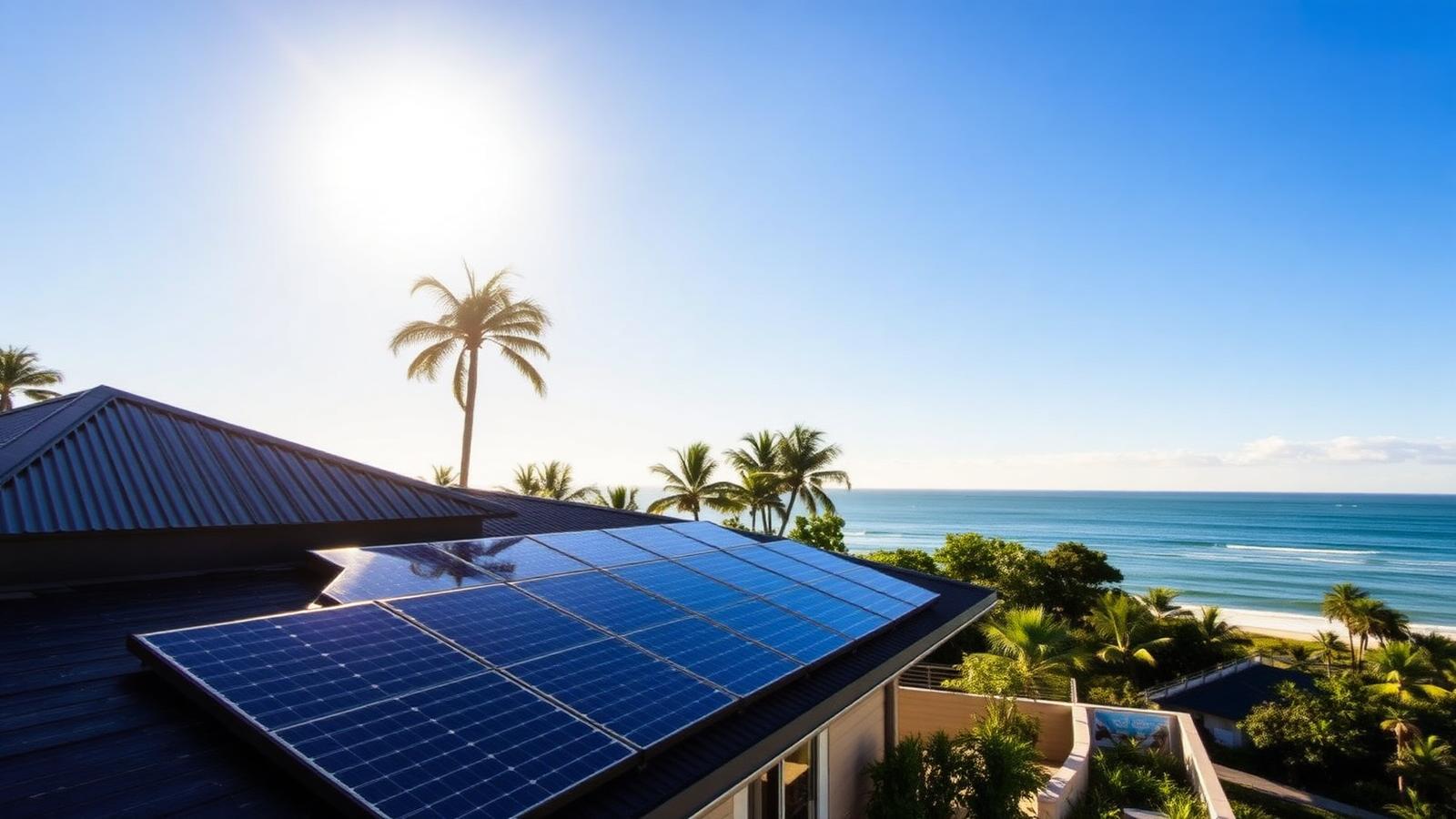 Solar panels on a modern Gold Coast home with ocean view