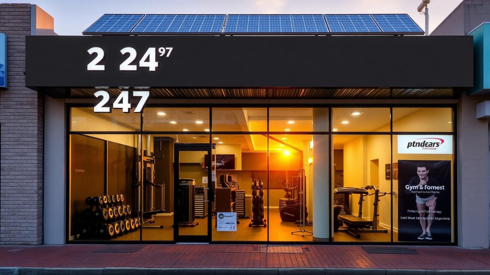 Brisbane gym with rooftop solar panels and modern fitness equipment visible through glass facade