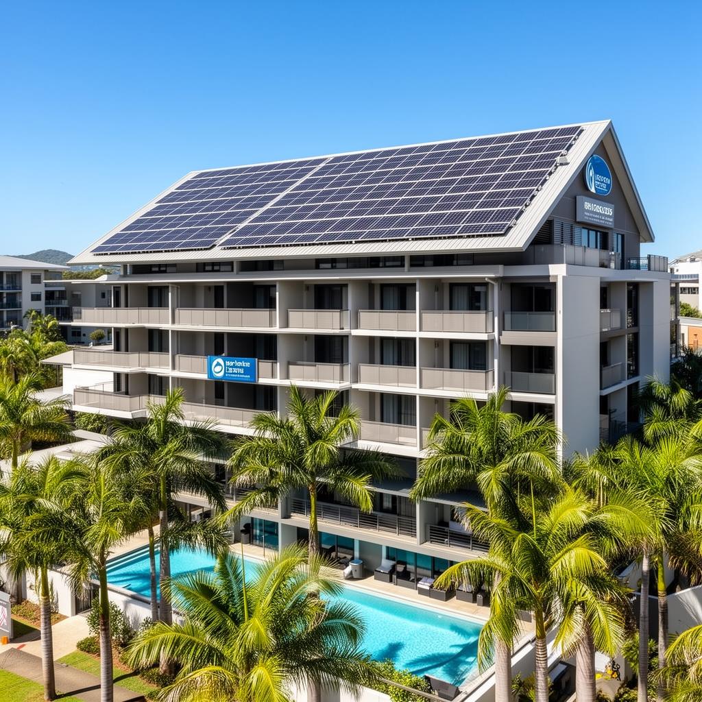 Brisbane mid-rise hotel with rooftop solar panels and pool