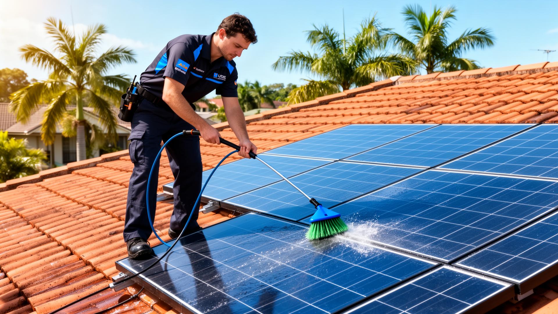 Brisbane solar technician cleaning rooftop solar panels with a deionised water-fed pole