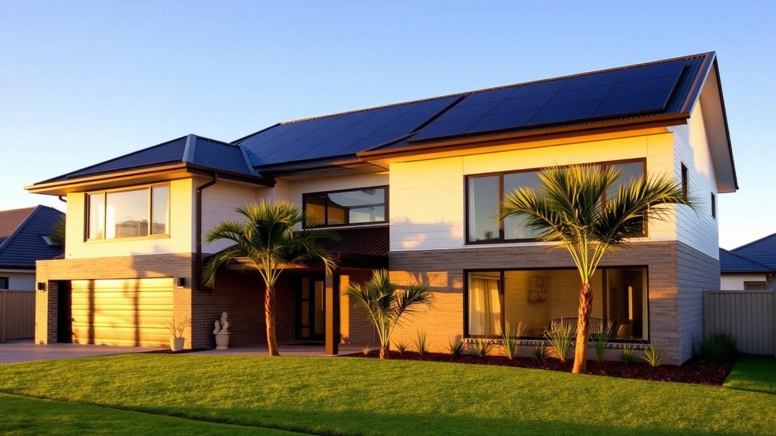 Newly built Brisbane home with integrated black solar panels on a Colorbond roof
