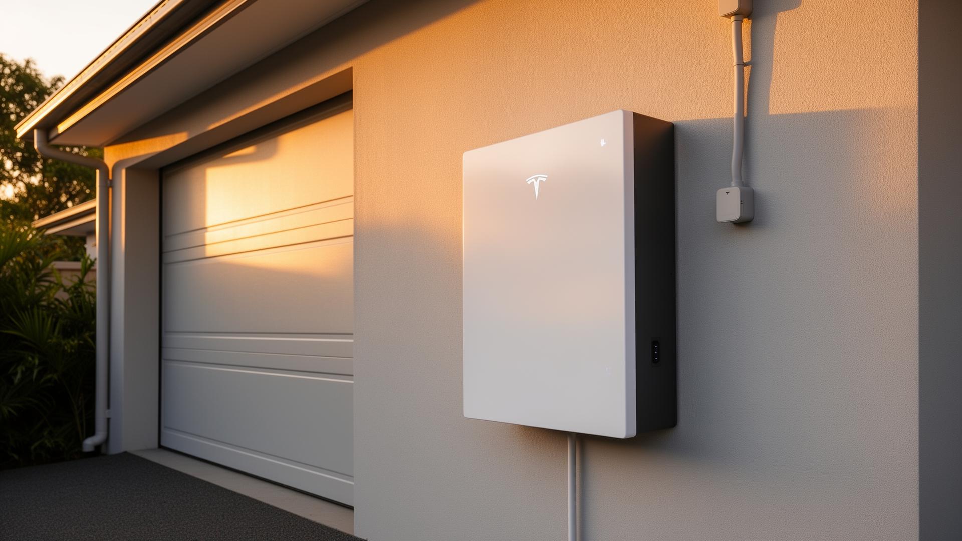 Tesla Powerwall 3 home battery mounted on a Brisbane home wall at sunset