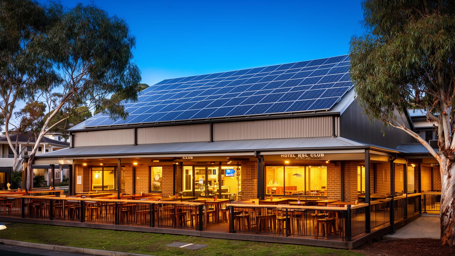 Brisbane suburban hotel RSL club exterior with rooftop solar, alfresco beer garden, evening warm light