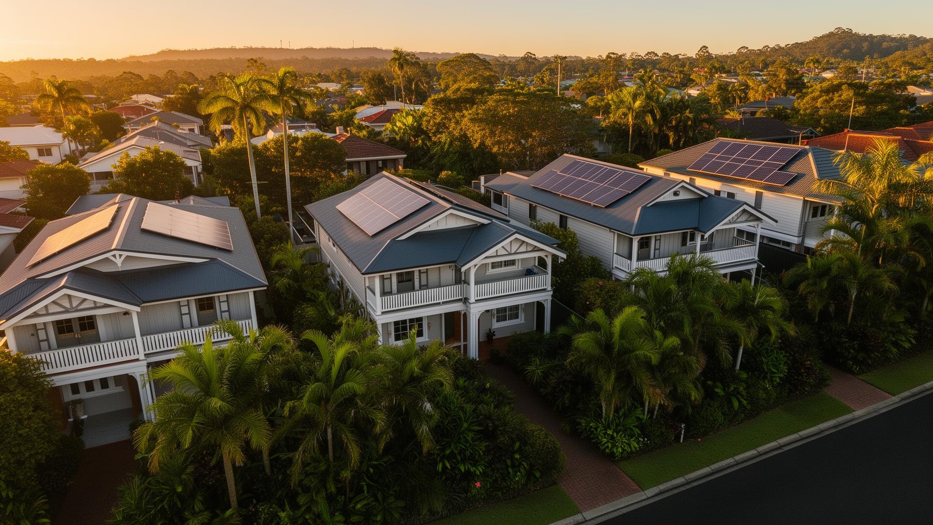 Brisbane homes with solar panels at sunset