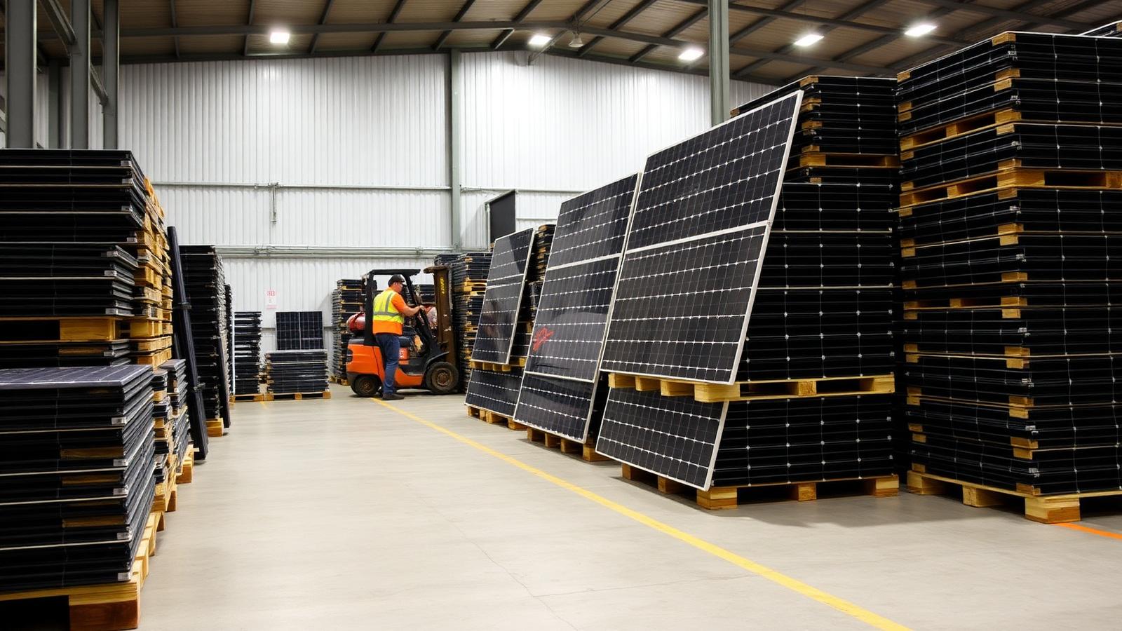 Pallets of decommissioned solar panels at a Brisbane certified recycling facility