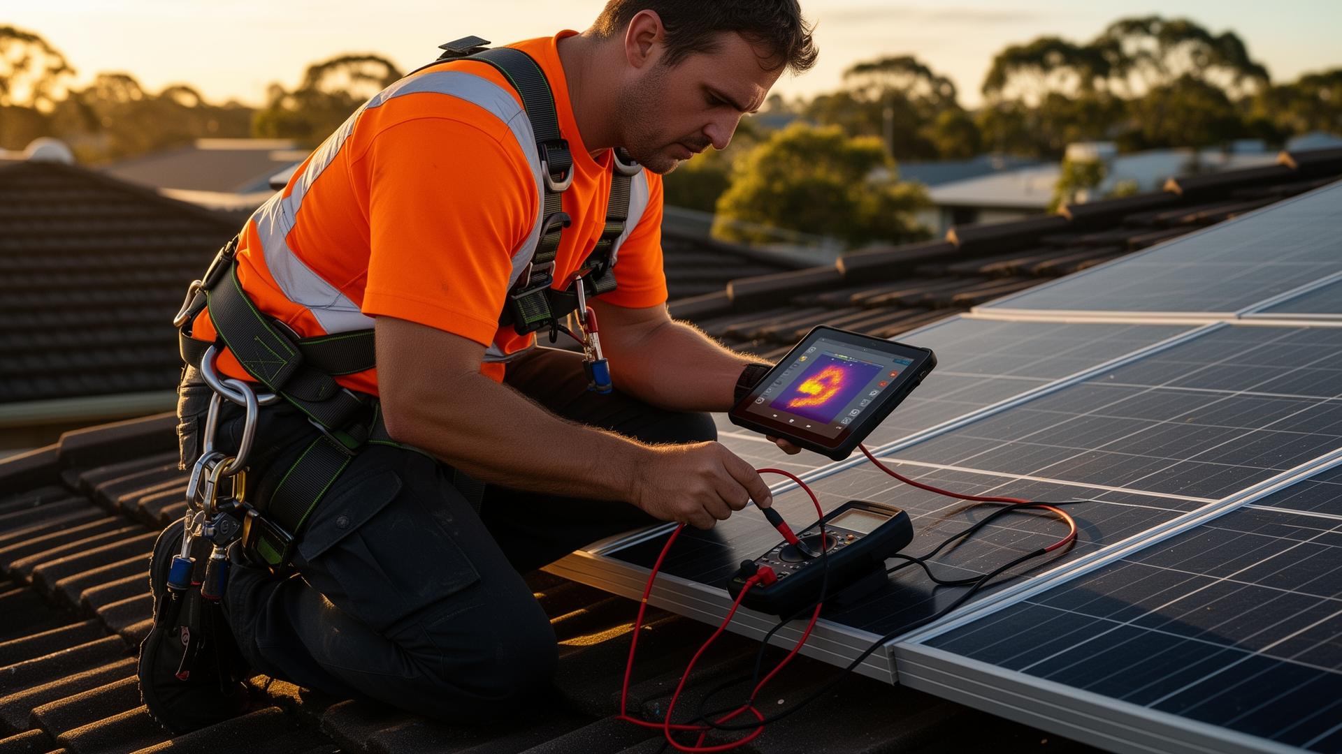 Solar technician diagnosing panels on a Brisbane roof