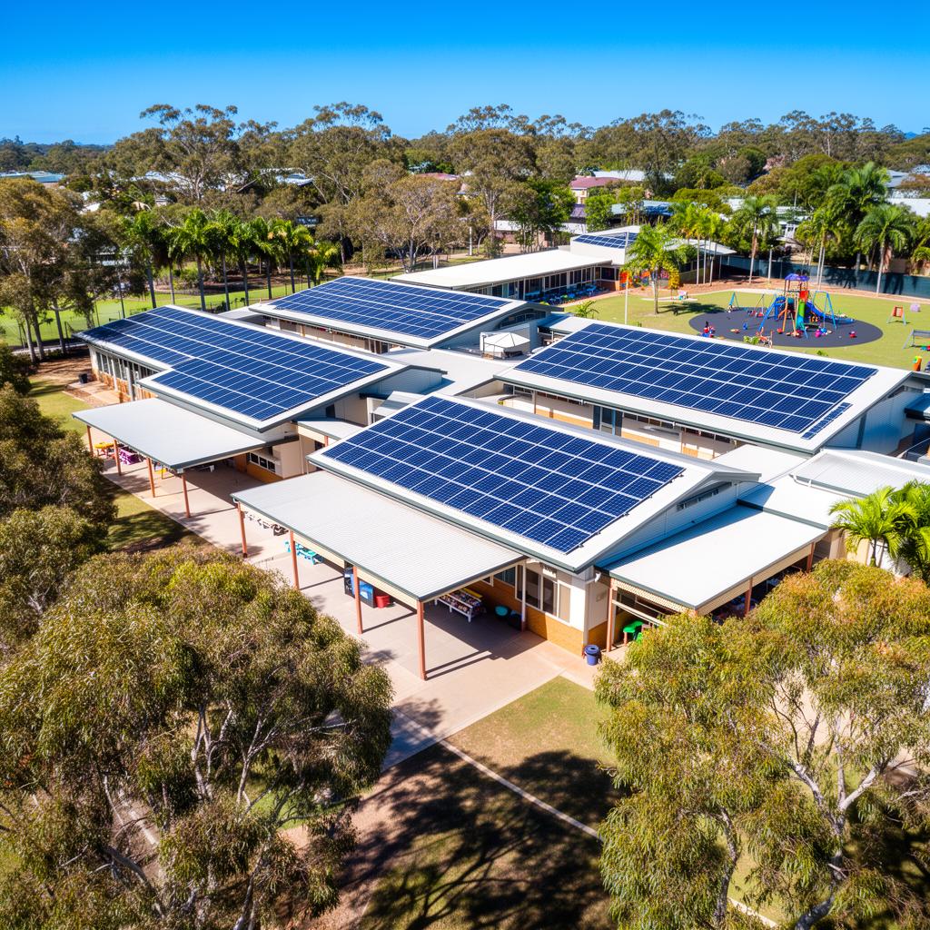 Brisbane primary school with rooftop solar panels across multiple classroom blocks