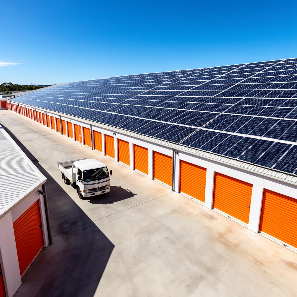 Brisbane self-storage facility with rows of orange roller doors and large rooftop solar array