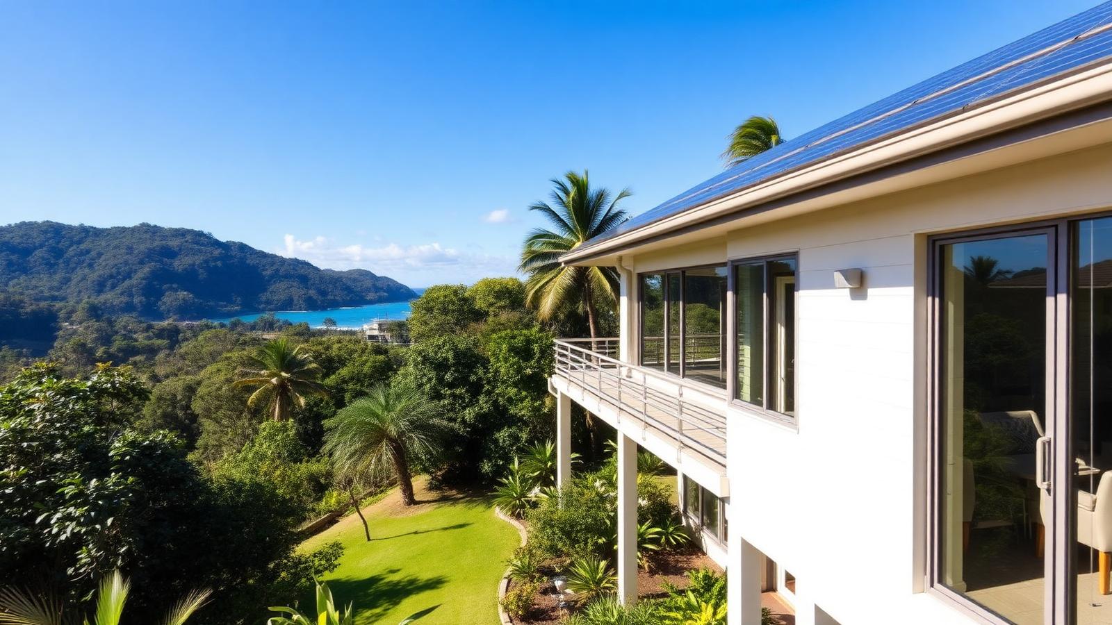Sunshine Coast home with solar panels overlooking the ocean and hinterland