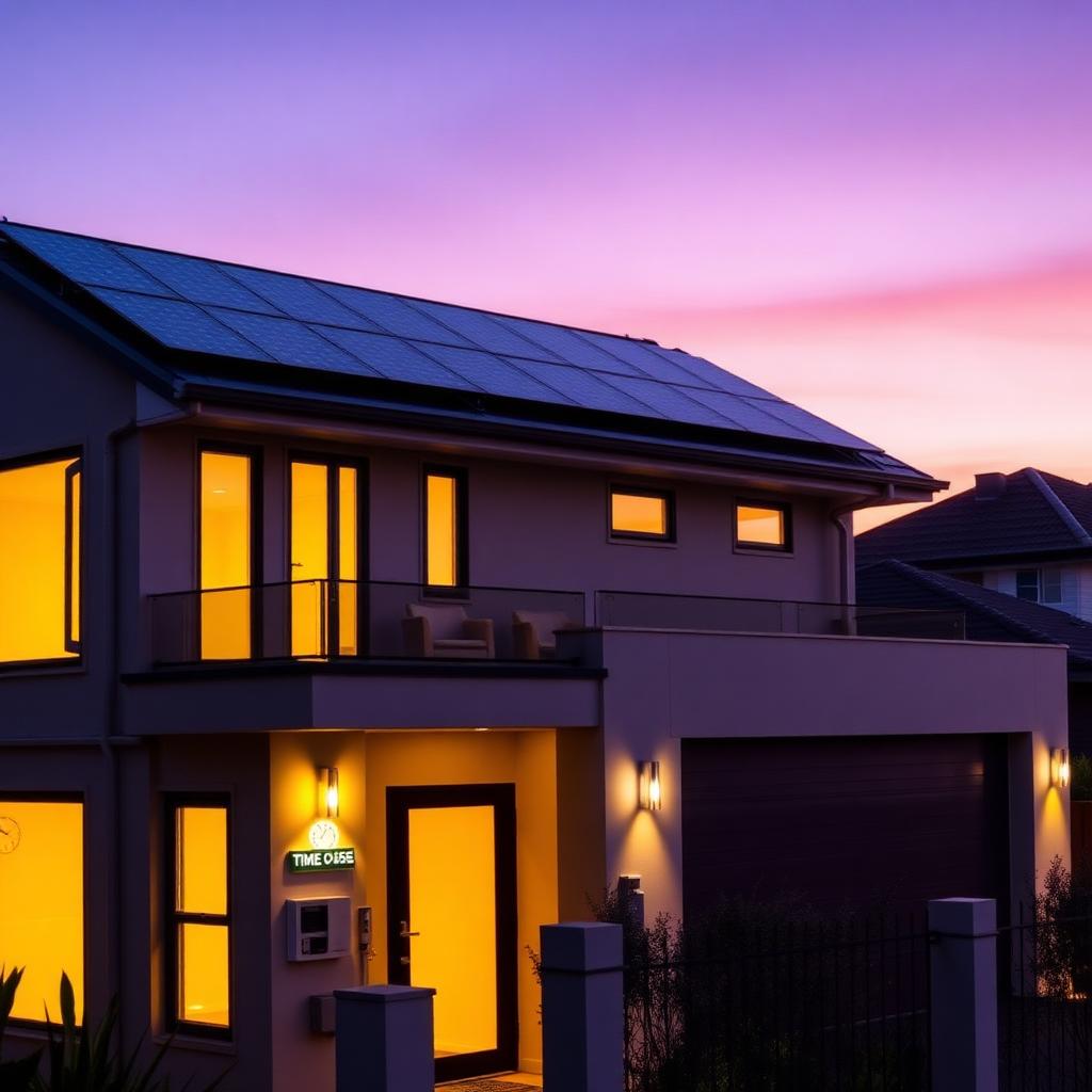 Brisbane home at dusk with solar and smart meter, time-of-use tariff in effect