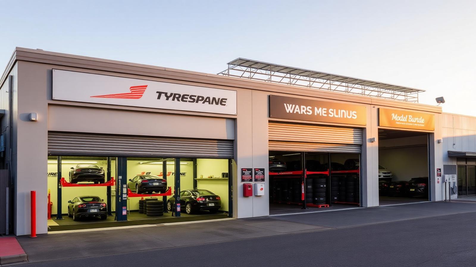 Brisbane tyre shop and mechanical workshop with hoists, tyres stacked and rooftop solar