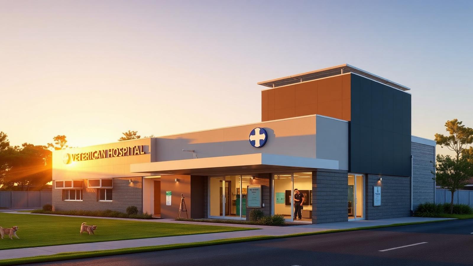 Modern Brisbane veterinary hospital with friendly entrance, dog-walking lawn and rooftop solar panels