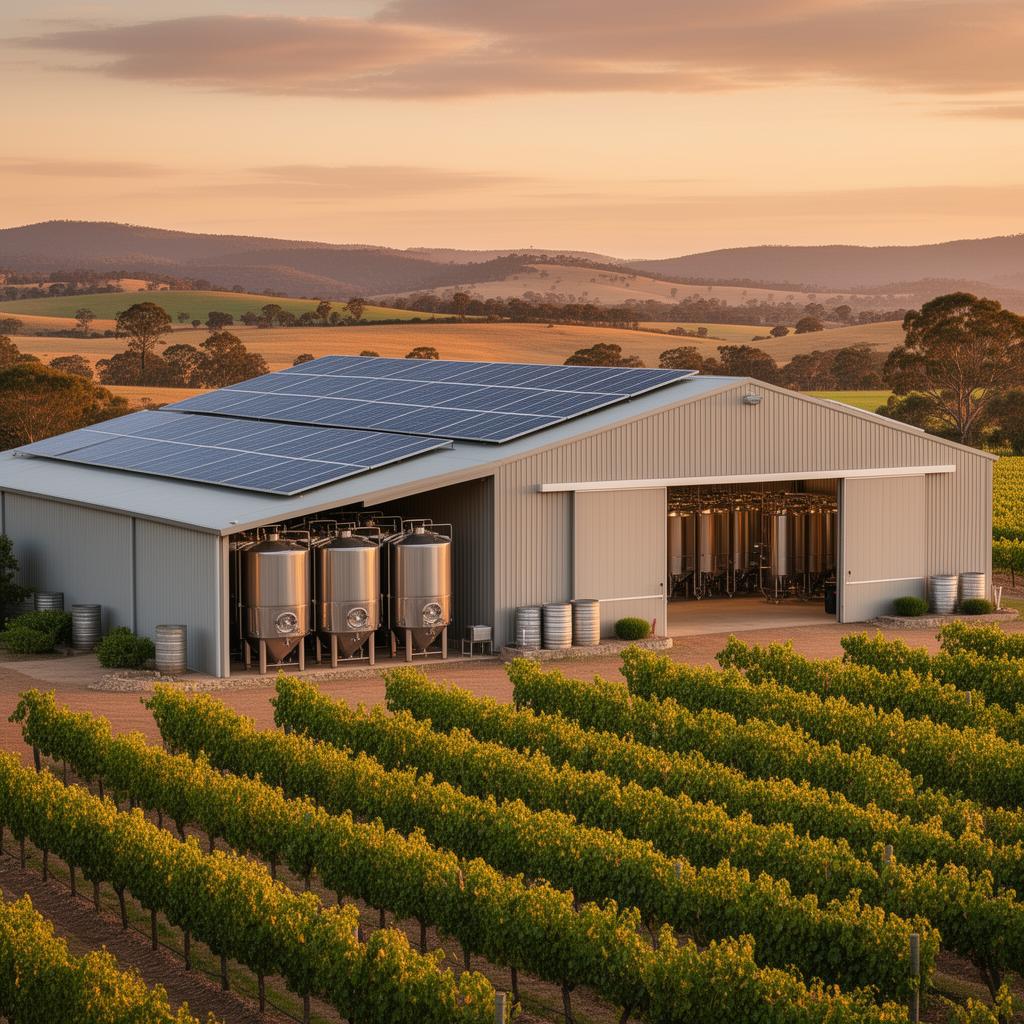 Queensland winery production shed with rooftop solar, stainless fermentation tanks and vineyard rows